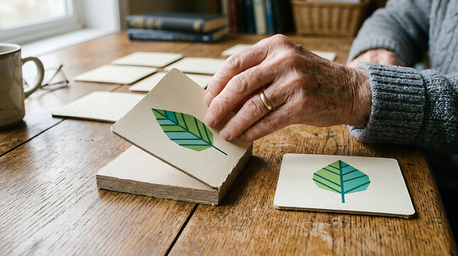 Person's hands are holding a card with a green leaf design, engaging in a memory game or sorting activity on a wooden table