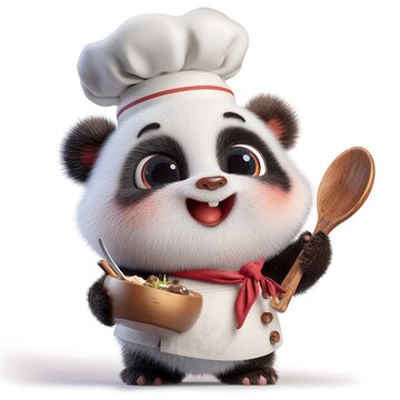 Adorable Cartoon Panda Chef Holding a Wooden Spoon and Bowl