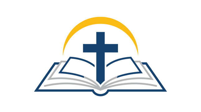 Minimalist vector illustration featuring a holy bible open beneath a golden arch and dark cross