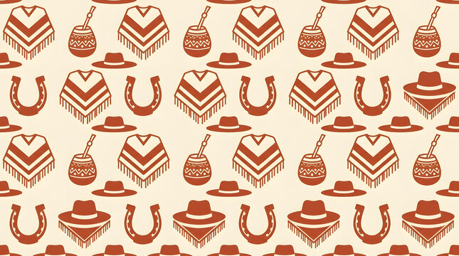 Seamless vector pattern, repeating ga&uacute;cho culture motifs &mdash; poncho fringe, mate gourd, horseshoe, wide-brimmed hat &mdash; in a two-color flat palette (terracotta and cream), tileable background