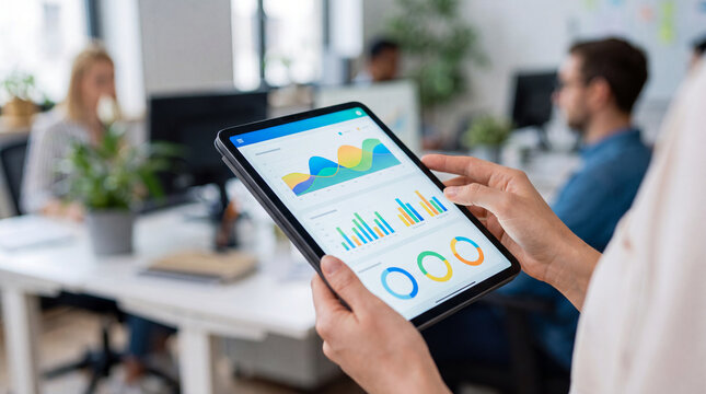 Businesswoman Using Tablet Displaying Data Analytics in Office