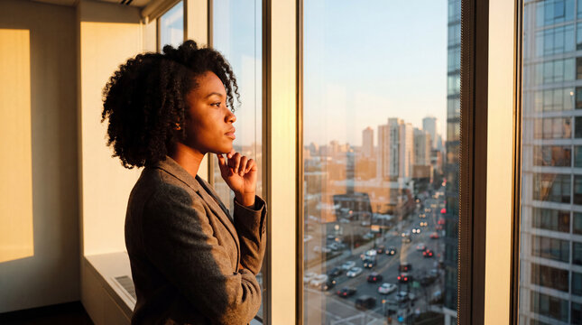 Businesswoman thinking and looking out office window at city