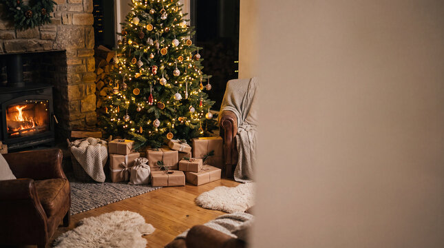 Christmas Tree With Wrapped Gifts Near A Fireplace In Living Room
