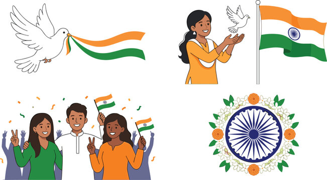 Indian independence and republic day celebration concept with dove flag and people vector illustration set.