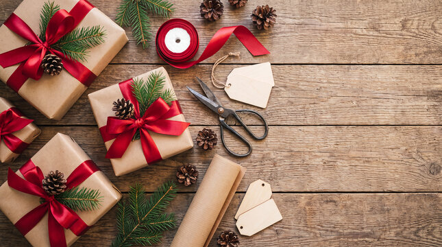 Christmas gift wrapping supplies on rustic wooden background