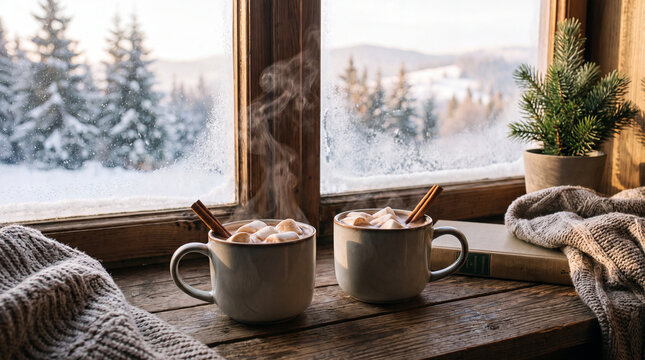 Two mugs of hot chocolate with marshmallows by snowy window