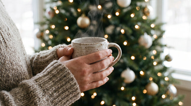 Person holding hot steaming mug near Christmas tree