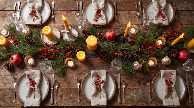 Rustic Christmas table setting with candles and pine greenery