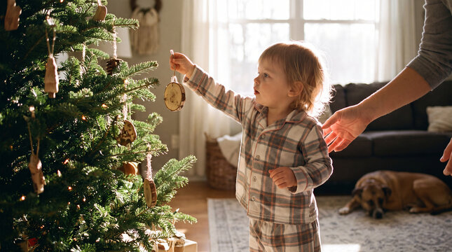 Toddler hanging wooden ornament on Christmas tree in living room