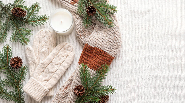 Winter knit mittens and scarf with pine branches and candle
