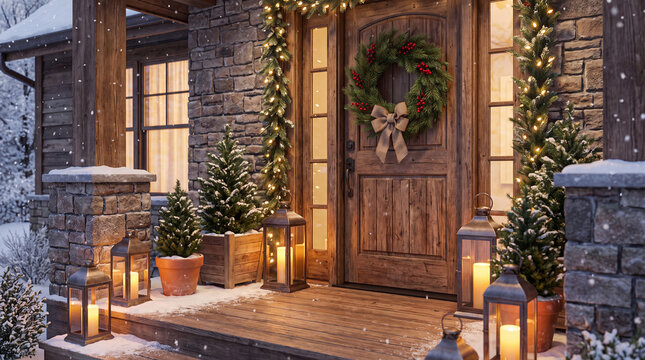 Decorated Christmas porch with lanterns and pine wreaths
