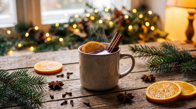 Hot mulled wine with spices and oranges on wooden table