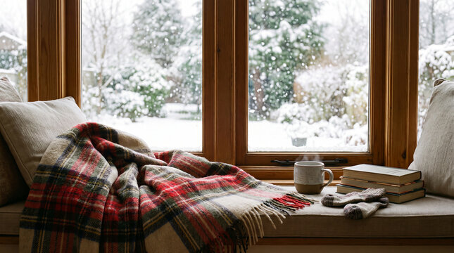 Cozy reading nook with plaid blanket and hot tea by window
