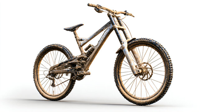 travel and adventure, Dirty downhill mountain bike covered in mud, isolated on transparent background