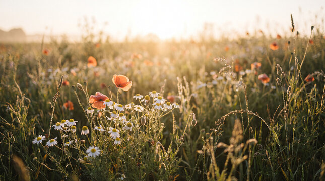 Red poppies and white daisies in a meadow at sunset