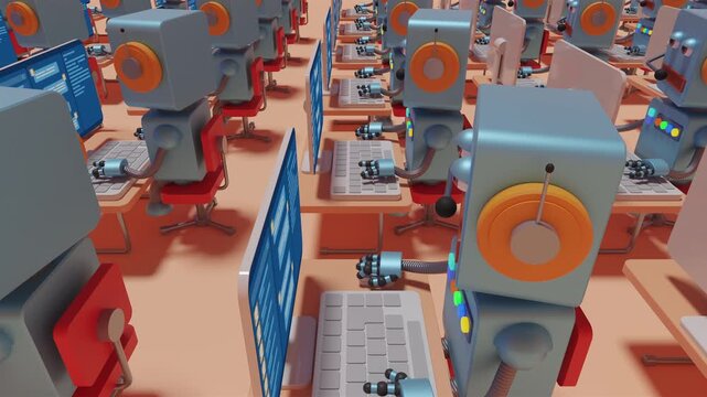 Seamless loop of an array of futuristic artificial intelligence operators. Endless grid of cybernetic androids working at computer terminals in a massive automated data processing hub