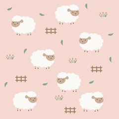 Cute Sheep Seamless Pattern with Farm Elements © Wolf-Design