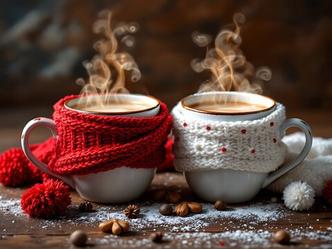 Cozy warm cups of coffee wrapped in knitted scarves with steam rising in winter warmth