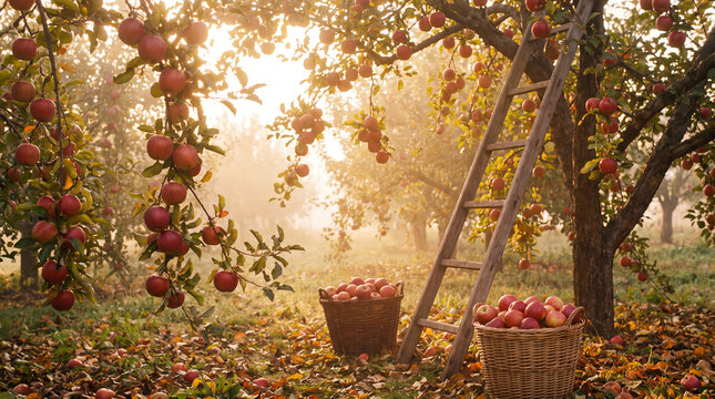 Fresh red apples in harvest baskets under autumn orchard trees