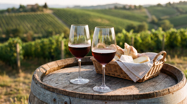 Two wine glasses and snacks on a barrel in vineyard