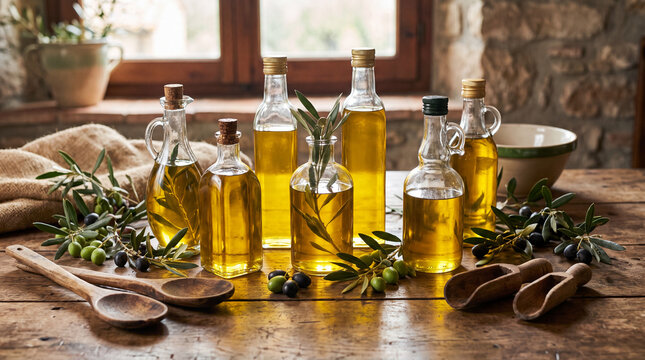 Glass bottles of extra virgin olive oil on wooden table