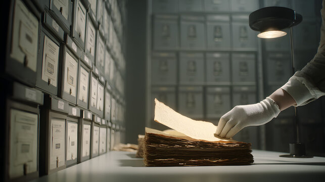 Archivist in cotton gloves handling a yellowed historical document under a UV-filtered lamp inside a climate-controlled archive room, rows of labeled acid-free storage boxes on metal shelvings