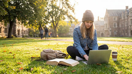 Obraz premium Female student studying on laptop sitting on grassy university lawn