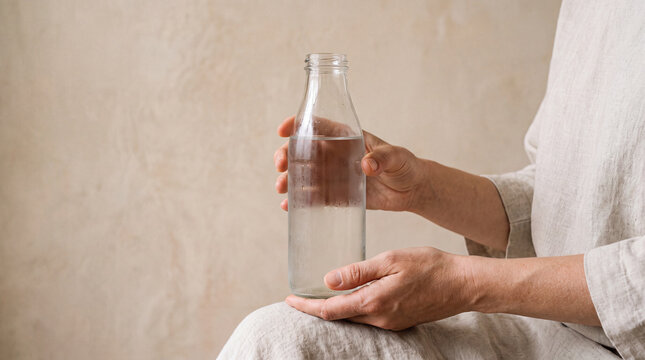 Person holding a clear glass bottle of cold water