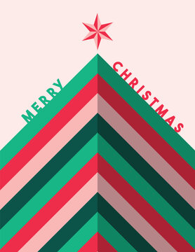 Modern Merry Christmas Tree Greeting Card with Geometric Ribbon Design Vector Illustration