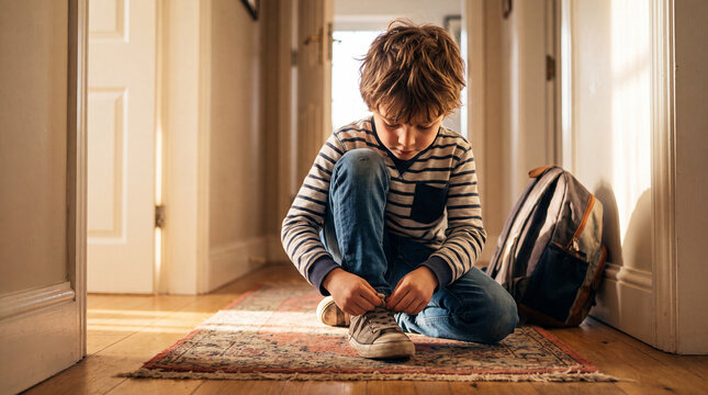 Young boy kneeling on rug tying shoelaces in hallway