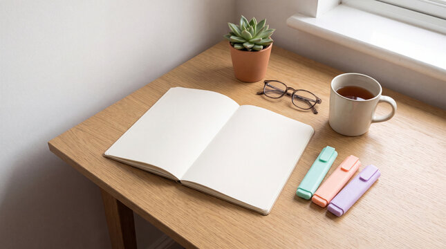 Open notebook with highlighters and coffee on wooden desk