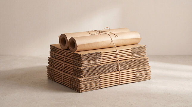 Stacked Corrugated Cardboard Sheets with Wrapped Paper Rolls
