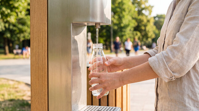 Person filling a reusable water bottle at an outdoor fountain