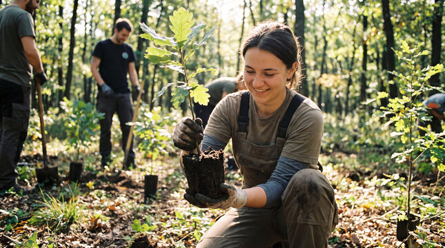 Woman planting young oak tree sapling in forest clearing