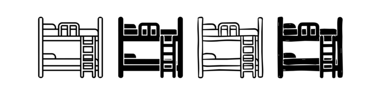 Four bunk bed icons in diverse styles: outline, solid, hand-drawn, and sketchy. Ideal for furniture catalogs, children's bedroom design, hostel apps, and dormitory interior concepts.