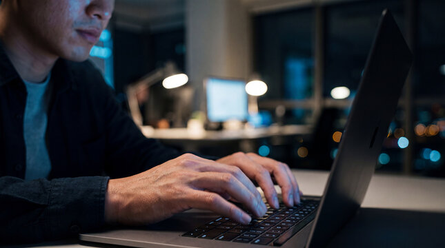 Asian man working on laptop in office during late night