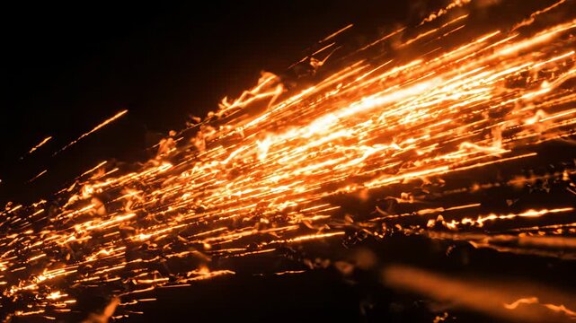 Explosion of bright orange sparks and light trails on a black background