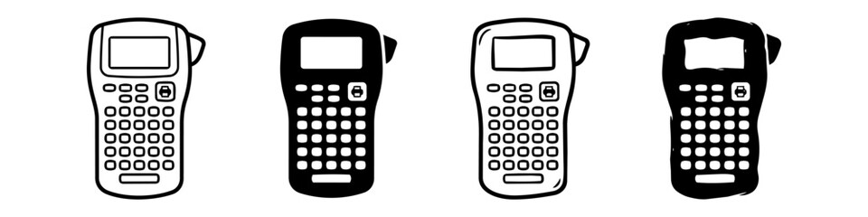Set of four handheld label maker icons in different styles, including line art, solid, and hand-drawn versions. Perfect for office, organization, and technical design projects. © Nort Kor
