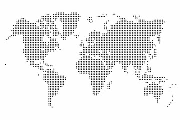 Dotted world map illustration on a white background representing global connections and geography © SagoriRani