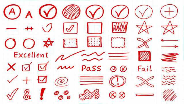 Hand drawn doodles and grading symbols in red and blue vector illustration style