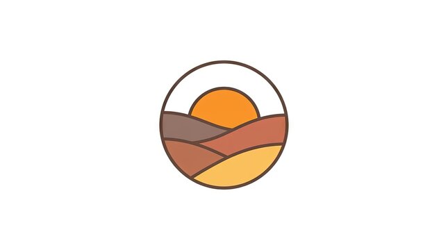 Circular emblem showing sun over rolling nature hills.