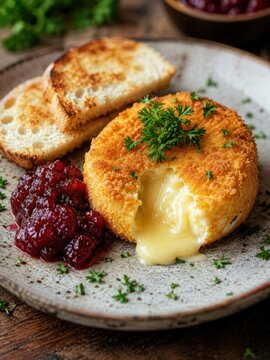 Knusprig gebackener Camembert mit fl&uuml;ssigem K&auml;sekern, Preiselbeeren, ger&ouml;stetem Brot und frischer Petersilie auf rustikalem Teller, klassisch serviert in deutscher K&uuml;che.