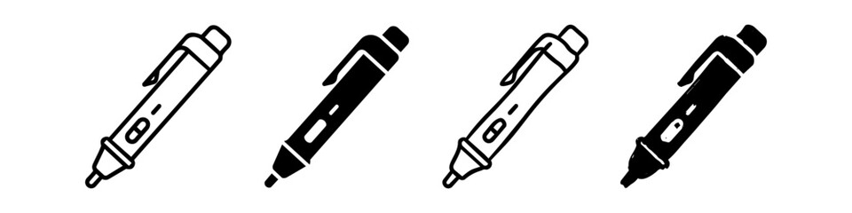 Set of medical auto-injector icons in minimal black and white styles for insulin or allergy treatment visuals. © Nort Kor