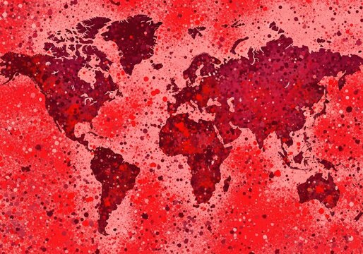 Abstract world map with red paint splatter art