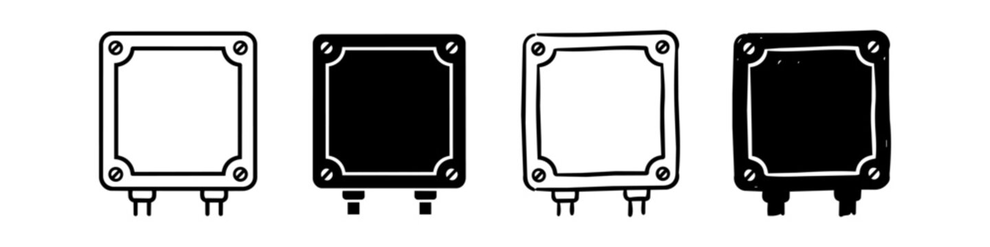 Four industrial junction box icons in line art, solid, and hand-drawn styles. Suitable for electrical diagrams and technical interface designs.