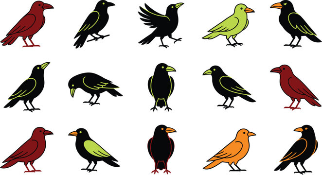 Stylized crow and raven vector icons set, colorful black bird silhouettes in various poses, 15 flat design corvid illustrations for nature branding