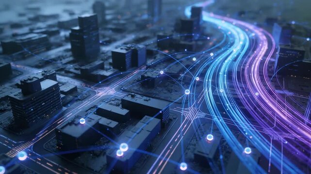 Medium shot capturing a detailed 3D digital twin of an urban area with carrier network nodes and animated data streams representing traffic density variations.