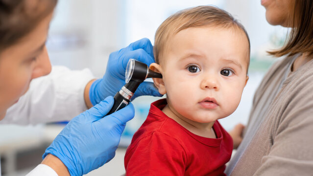 Pediatric otoscopy in clinic, infant ear examination with otoscope, acute otitis media diagnosis, tympanic membrane assessment, ear canal inspection, pediatric otolaryngology clinic visit