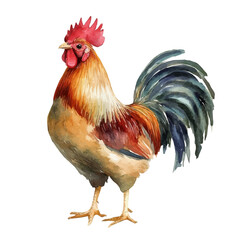 Rooster, high quality watercolor illustration with transparent textures, isolated on a white background. © soltrex