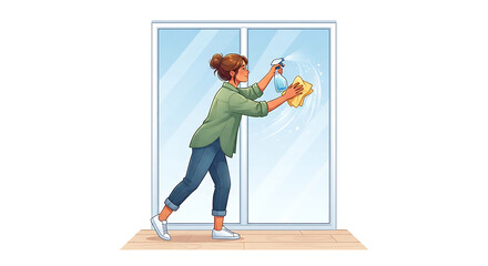 Fototapeta premium Premium flat vector illustration of a person cleaning a large window with a spray bottle and cloth, common household chore